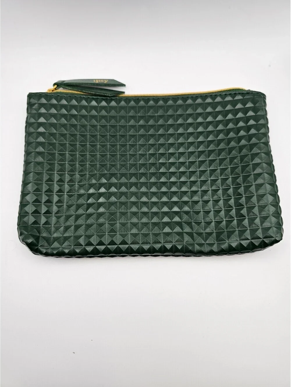 Ipsy Green Textured Makeup Bag Cosmetic Pouch Gold Zipper Pink Lining